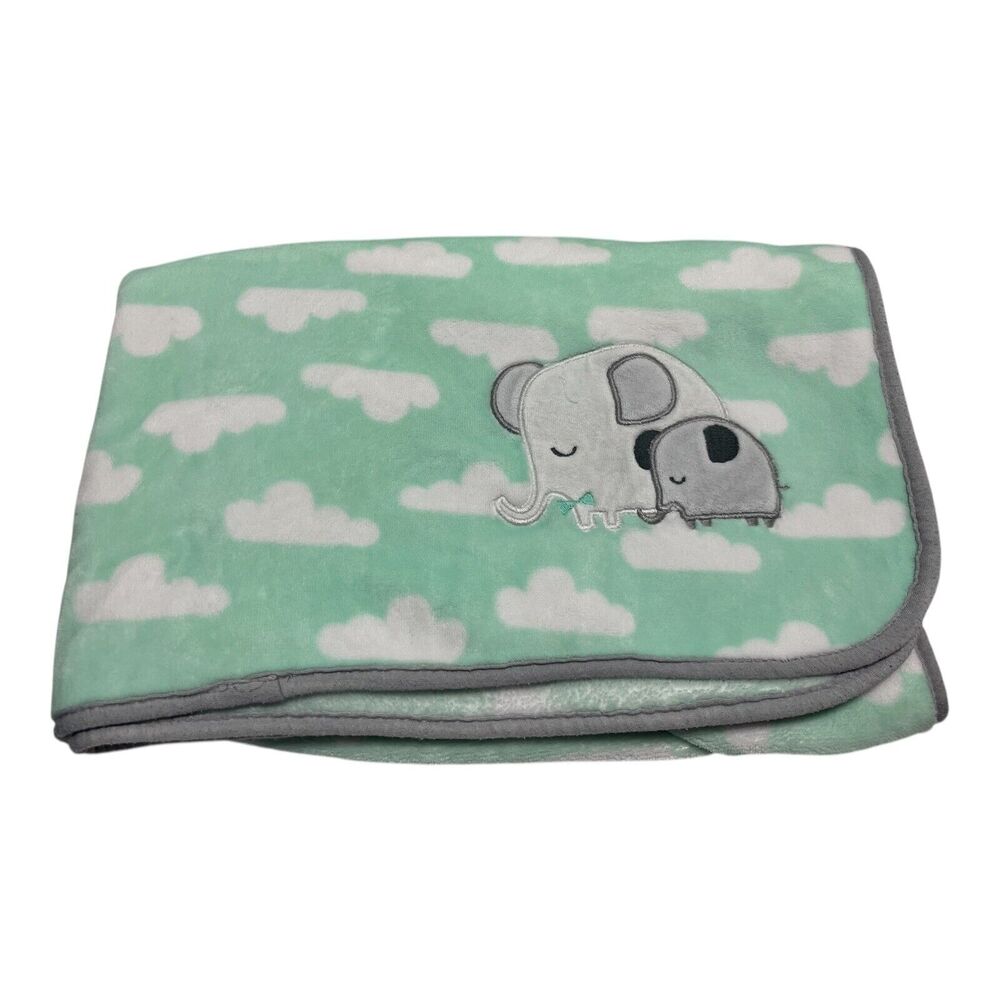 Cloud Island Elephant Baby Blanket Green Grey Trim Clouds Plush Lovey Mom Baby
